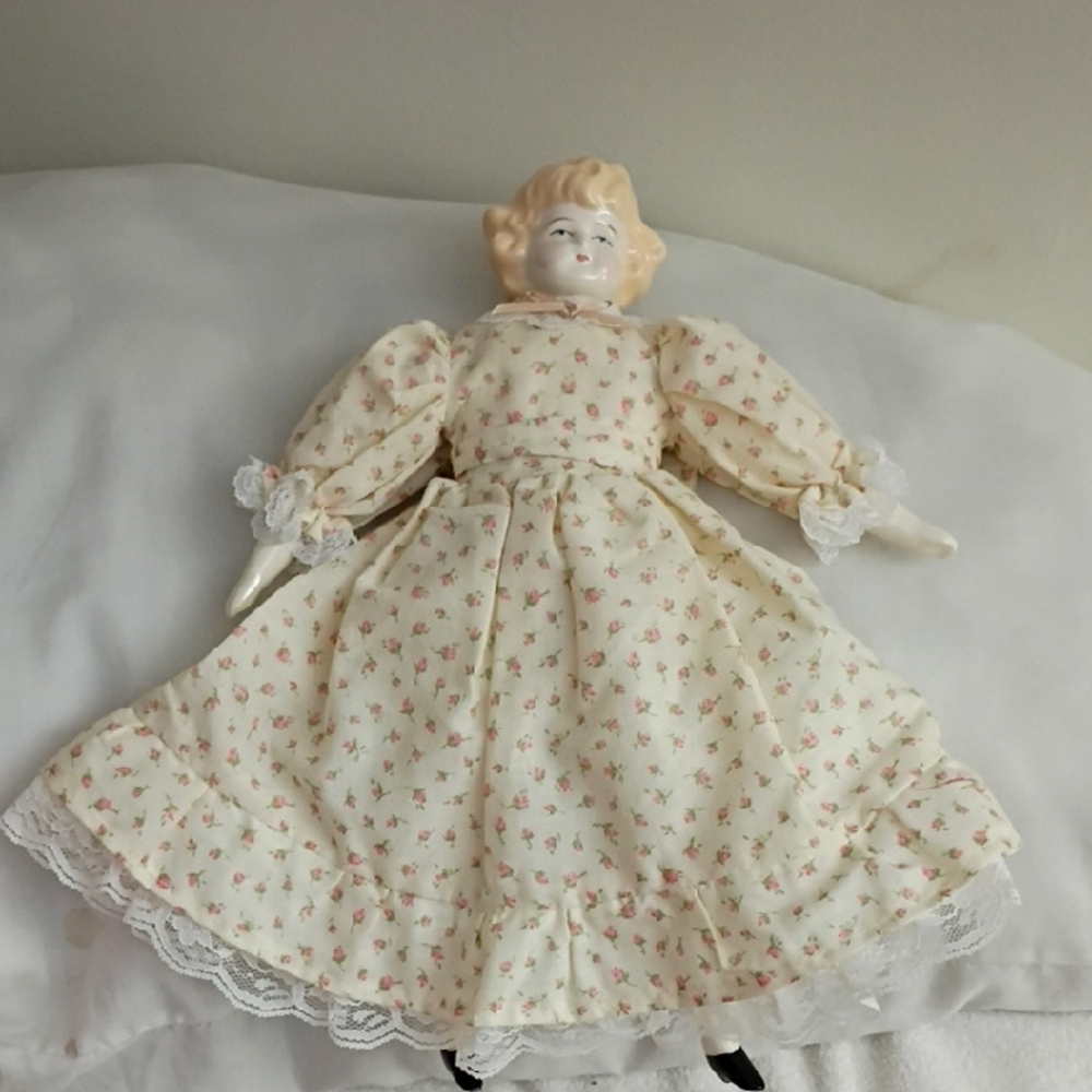 Tudor Doll in Cream Dress with Pink Rose Print